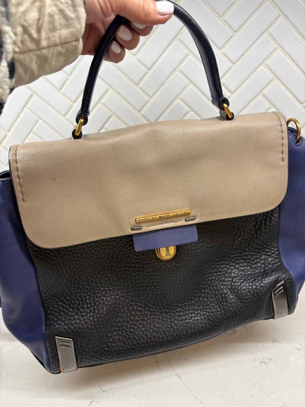 Marc by Marc Jacobs Black, Beige & Blue Leather Top-Handle Satchel